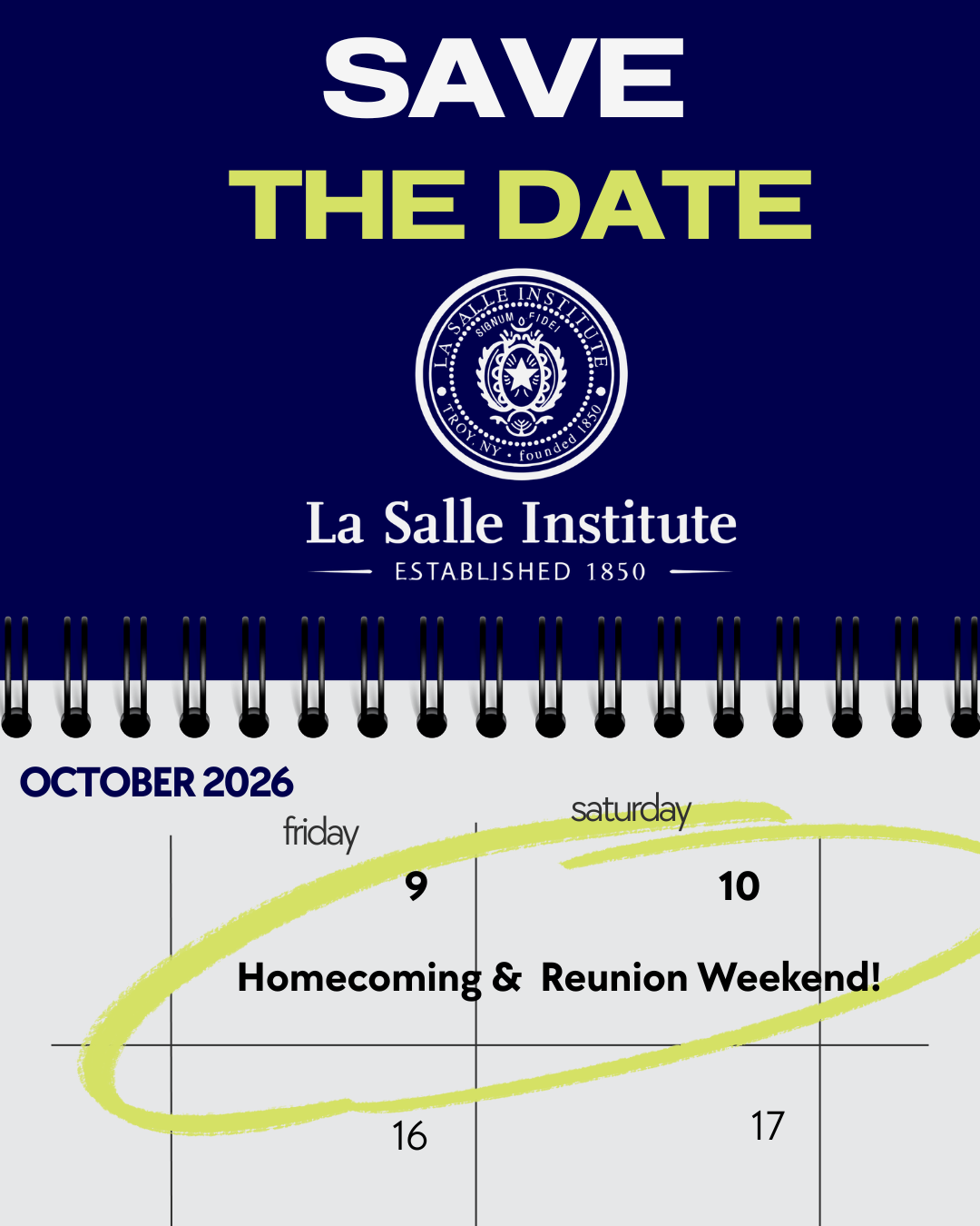 Save the date for Homecoming & Reunion Weekend Oct 9th and 10th 2026